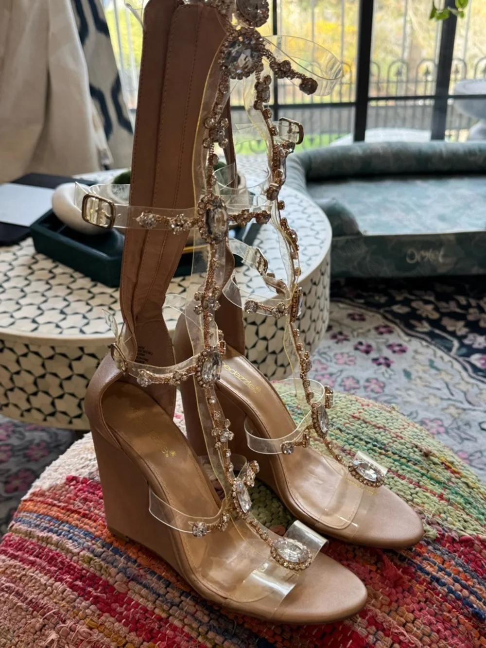 🤎💎 Crystal‎ Embellished Clear Gladiator Wedge Sandals - Nude